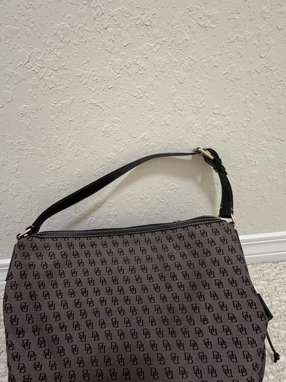 Dooney & Bourke black and grey Monogram Shoulder Bag with Black Strap